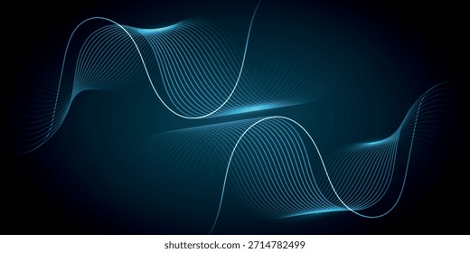 Fondo azul oscuro con decoración de líneas onduladas azules brillantes de alta tecnología. Concepto moderno de líneas curvas para la cubierta, el Anuncio, el folleto, la presentación, el certificado y el Sitio web. VOL. 4