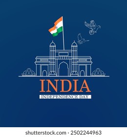 A dark blue background The Indian flag waving on a flagpole A white outline of the Gateway of India in Mumbai  white doves flying above the Gateway of India symbolizing peaceThe word INDIA  in orange