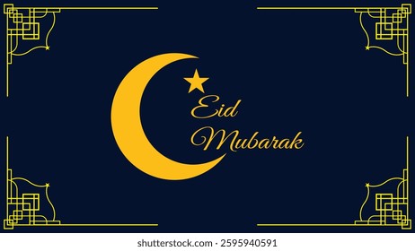 dark blue background with intricate geometric gold border decoration with gold crescent moon and star ornaments, suitable for Eid or Ramadan or other content