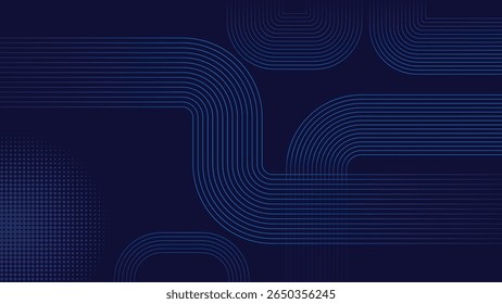 Um plano de fundo azul-escuro com uma intrincada rede de linhas azuis finas e paralelas que se curvam e se estendem, criando um fluxo dinâmico, inspirado na tecnologia e abstrato.


