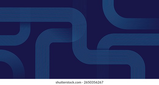 A dark blue background with an intricate network of thin, parallel blue lines that curve and extend, creating a dynamic, tech-inspired, and abstract flow.

