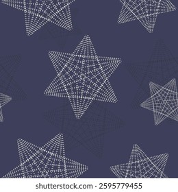 A dark blue background with intricate white geometric stars made of fine, textured lines, creating a dynamic, modern, and symmetrical abstract pattern
