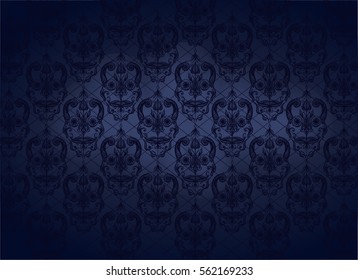 Dark blue background with lace pattern. The ornament of skulls. Gradient abstract background. Vector illustration.