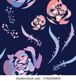 Dark blue background, large flowers modern ornament textile print, from the seamless vector patterns collection Autumn Bouquet.