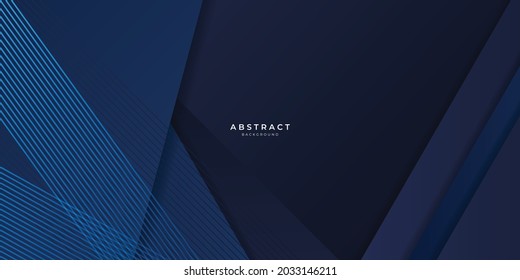 El fondo azul oscuro con las franjas de líneas claras se solapan sobre el fondo geométrico oscuro para el diseño de la presentación. Vector de fondo de afiches del concepto corporativo moderno