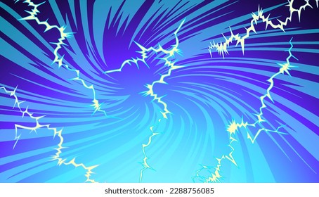 Dark blue background with lightning bolts and a funnel in space. Vector image in manga and anime style.