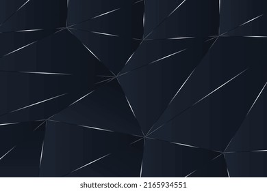 Fondo azul oscuro con un lujoso patrón poligonal y líneas triangulares de gradiente plateado. El poli bajo da forma a la ilustración de líneas de reflexión de lujo. Diseño de fondo de polígonos triangulares