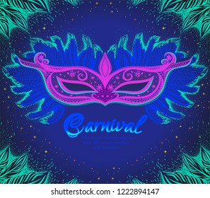 Dark blue background with magenta neon carnival mask and green feathers for design invitation card.