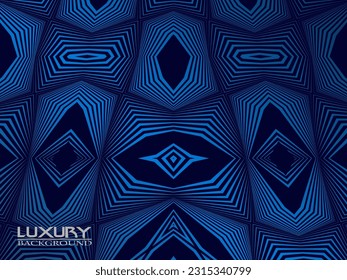 Fondo azul oscuro. Fondo de presentación abstracto de líneas curvas modernas. El fondo del papel de lujo cortado. Decoración abstracta, patrón dorado, gradiente de medio tono, ilustración vectorial 3d.