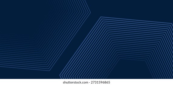 Fundo azul escuro. Plano de fundo de apresentação abstrata de faixas de linha modernas. Fundo de corte de papel de luxo. Decoração abstrata, padrão dourado, gradientes de meio-tom, ilustração de vetor 3d