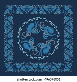 Dark blue background with ornament of octopus and fish, vector illustration