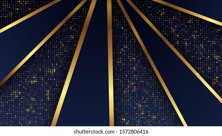 Dark blue background with overlap layers. Luxury background with golden glitters dots. Vector Illustration