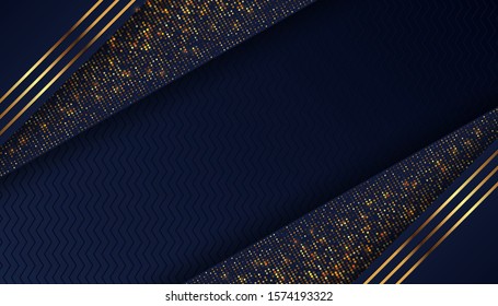 Dark blue background with overlap layers. Luxury background with golden glitters dots. Vector Illustration