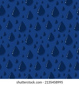 Dark blue background pattern. Falling water drops, rain, modern textile background, gift wrapping, paper wallpaper, design concepts. Vector illustration.