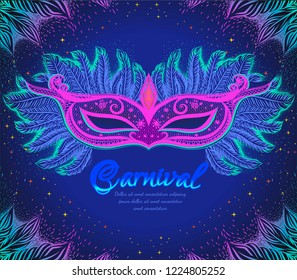 Dark blue background with pink carnival and blue feathers and colorful cilhouette of branches. Poster for Mardi Gras.
