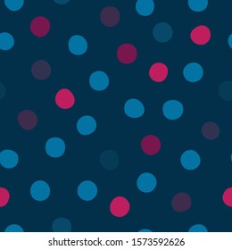 Dark blue background with pink and blue polka dots vector pattern.