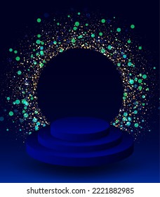 Dark blue background with podium and gold glitter