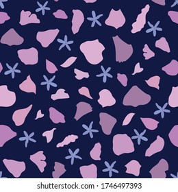 Dark blue background, purple pink petals flying terrazzo texture, from the seamless vector patterns collection Autumn Bouquet.