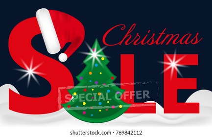 Dark blue background red Christmas sale banner with Christmas Tree in the snow and Santa hat on the letter. Vector illustration.