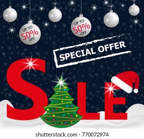 Dark blue background red Christmas sale banner with hanging white balls, Christmas Tree in the snow and Santa hat on the letter. Vector  illustration.