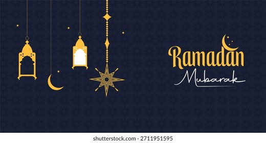 Un fondo azul oscuro con un patrón geométrico repetitivo, con linternas árabes colgantes de color amarillo dorado, una luna creciente, estrellas y el texto Ramadán Mubarak en blanco y amarillo