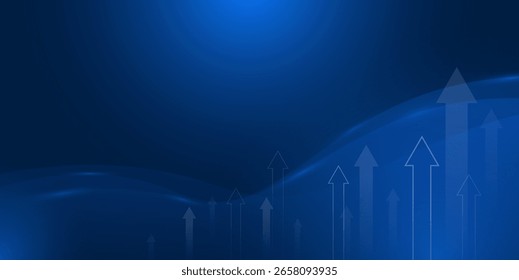 Fondo azul oscuro con flecha ascendente, gráfico de negocios y líneas de circuito que muestran el crecimiento financiero y la estrategia de mercado. Eps 10
