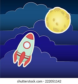 dark blue background with rocket and moon