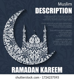 Dark blue background with Rramadan Kareem poster. Abstract mosque and moon silhouette with white floral pattern
