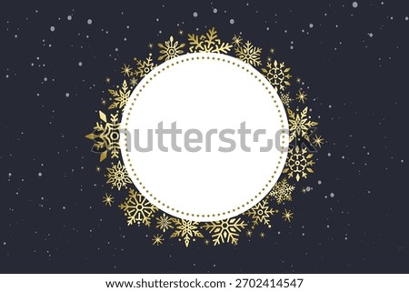 Dark blue background with scattered white dots, featuring a circular frame of golden snowflakes. Elegant and festive background design. Winter background with copy space vector.