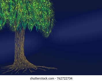 Dark blue background with single magical oak. Vector illustration. Woodland.Tropical forest. Magical tree with green leaves. Earth day. Environment day. Flare for night party on tropical.