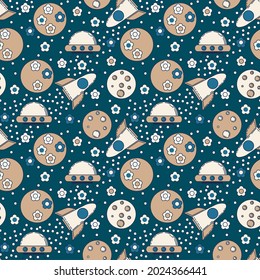 Dark blue background. Sky rocket, ufo, stars, flowers, moon and planets seamless vector pattern.