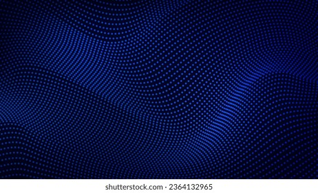 Dark blue background smooth flowing wavy dynamic dots, digital techno background vector