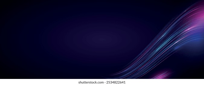 Ein dunkelblauer Hintergrund mit glatten, fließenden Linien. Der Hintergrund ist mit blauen und rosafarbenen Farbverläufen versehen, die ein dynamisches, modernes Aussehen schaffen. Vektor. Glänzender Farbverlauf, Wellenhintergrund. Dunkler Hintergrund, Vektor.