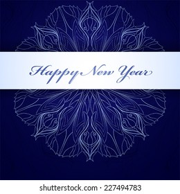 Dark blue background with snowflakes.