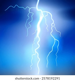 Dark blue background of stormy night sky with lightning flash. Vector illustration in 3d style