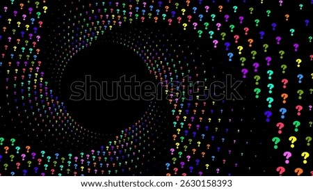 A dark blue background with a swirling vortex of colorful question marks radiating from a central dark  area. Abstract background.