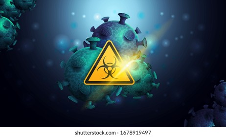 Dark and blue background template with coronavirus molecules and yellow biological hazard warning sign. Coronavirus 2019-nCoV. Coronavirus outbreak and coronaviruses influenza background.