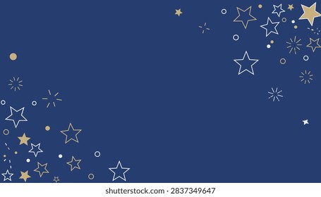 Dark blue background template with shining gold and white stars clustered in opposite corners with empty space.