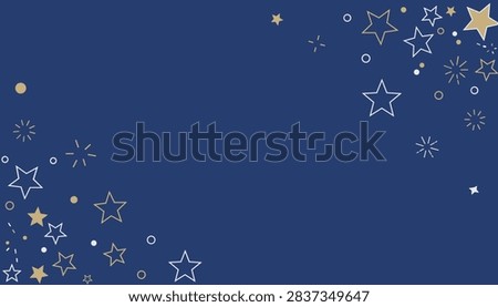 Dark blue background template with shining gold and white stars clustered in opposite corners with empty space.