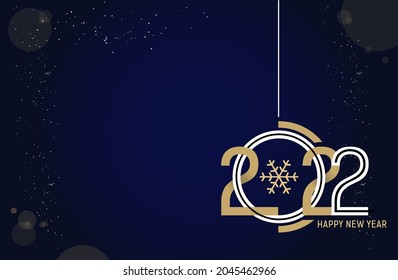 Fondo azul oscuro con texto, 2022 feliz año nuevo. Diseño gráfico moderno con texto espacial. Formas y números geométricos negros y dorados. Ilustración vectorial.