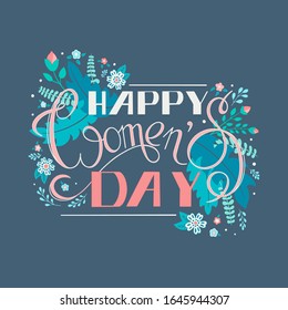 О en un fondo azul oscuro hay texto escrito a mano: Feliz Día de la Mujer. Marco de flores y hojas de diferentes colores. Cartel. Postal. Cartas dibujadas a mano. 8 de marzo