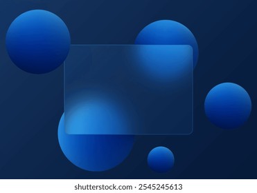 Dark blue background with transparent partition and floating spheres in glass morphism style. Website landing page template.