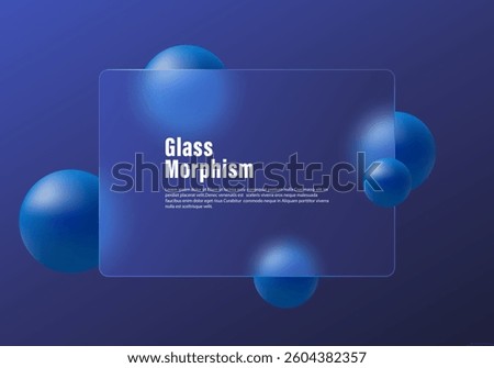 Dark blue background with transparent partition and floating spheres in glass morphism style. Website landing page template.