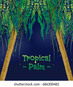 Dark blue background with tropical palms. Abstract backdrop with hand drawn tree. Colorful backdrop. Vector isolated illustration.Nature pattern. Night beach.