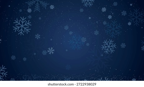 Um fundo azul escuro com vários flocos de neve espalhados por ele, criando uma cena de terra das maravilhas de inverno