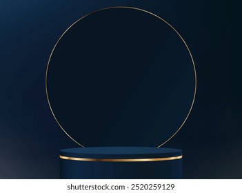 Vector de fondo azul oscuro 3d con podio dorado. Podio azul marino circular 3D con banda de oro sobre fondo oscuro. Espacio para la venta de productos en el Sitio web. Ilustración vectorial.