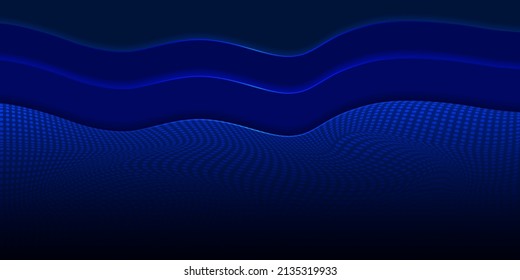 Dark blue background wave polka dots in layers, glowing edges.