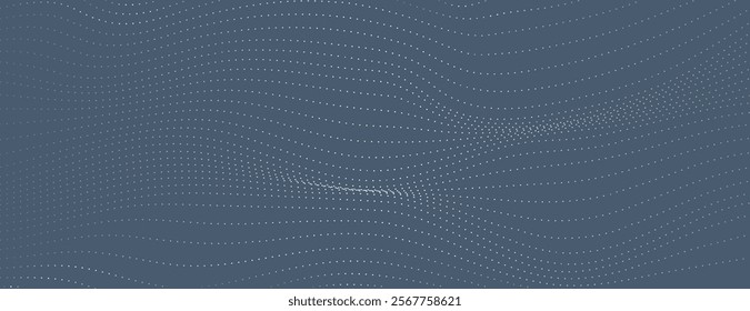 Dark blue background with wavy dotted pattern. Dark blue background with dynamic wavy dots. Minimalist blue vector background with wavy digital dots. Technology background.