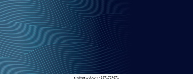 Dark blue background with wavy line patterns. The background is smooth and features a gradient of blue tones, creating a flowing texture. Modern wavy line pattern background.