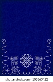Dark blue background with white embroidery elements of flowers and birds